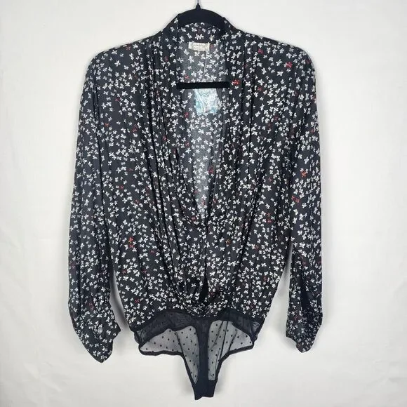 Free‎ People Ladylike Lady Printed Bodysuit Carbon Combo Medium NWT Cottagecore - Picture 2 of 8
